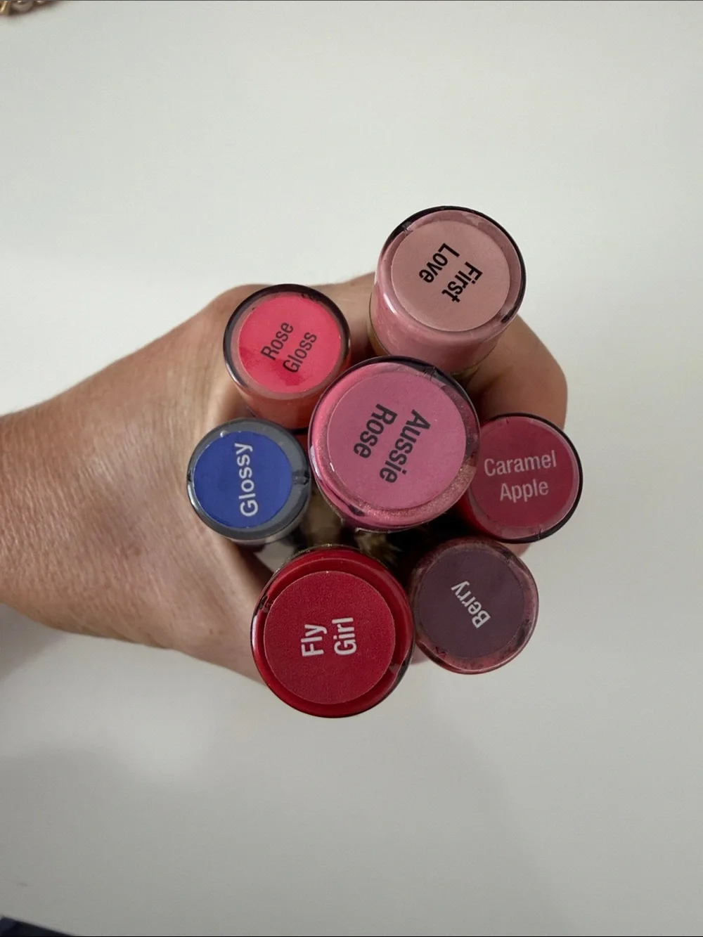 LipSense First Love, Aussie Rose, Caramel Apple, Fly Girl, Berry, Glossy